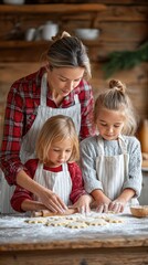Mother and two daughters engaged in baking cookies together in a rustic kitchen, surrounded by flour, rolling pins, and festive decorations, creating joyful family moments