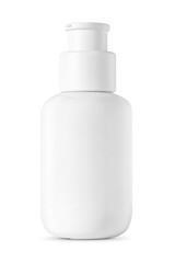 White plastic pump bottle isolated on transparent background, minimal design for cosmetic or skincare packaging