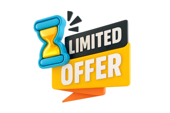 3d rendering of a limited offer hourglass icon with text isolated on transparent background