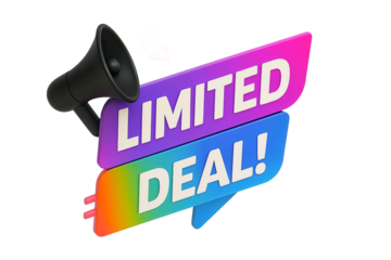 Black megaphone announcing a vibrant rainbow colored limited deal sale isolated on transparent background
