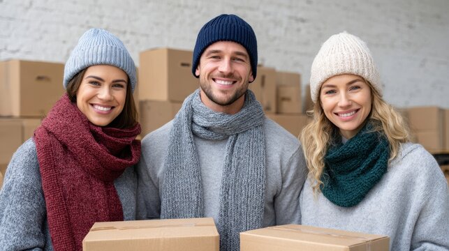 Group of three smiling individuals wearing winter hats and scarves, holding cardboard boxes in a warehouse setting, showcasing teamwork and community spirit during the holiday season