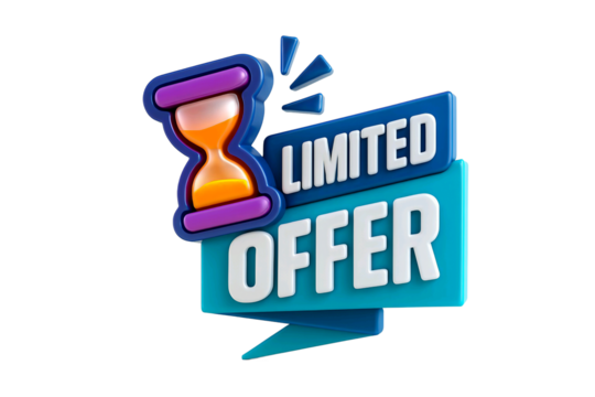 3d hourglass icon next to a vibrant blue and purple limited offer sale banner isolated on transparent background