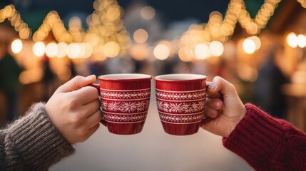 Two hands holding festive red mugs with white snowflake patterns, toasting in a cozy market atmosphere filled with warm lights and holiday decorations, celebrating togetherness and joy