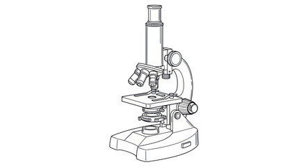 Detailed line drawing of a classic compound microscope with multiple lenses.