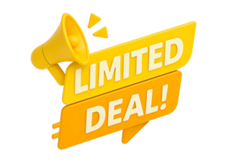 Bright yellow megaphone announcing a limited deal with text and reflection isolated on transparent background