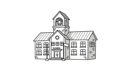 Hand-drawn illustration of a classic school building with a bell tower.