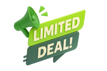 Green megaphone announcing a limited deal with text on speech bubbles isolated on transparent background