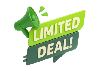 Green megaphone announcing a limited deal with text on speech bubbles isolated on transparent background