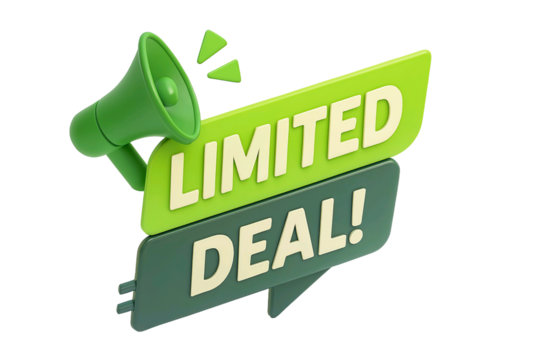 Green megaphone announcing a limited deal with text on speech bubbles isolated on transparent background