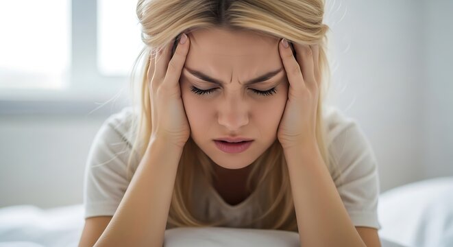 Woman experiencing intense headache pain.