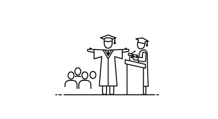 Line Art Graduation Ceremony Icon with Graduates and Speaker.