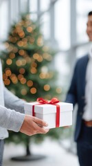 Person presenting a beautifully wrapped gift with a red ribbon, in a festive setting with a decorated Christmas tree and warm bokeh lights creating a joyful atmosphere