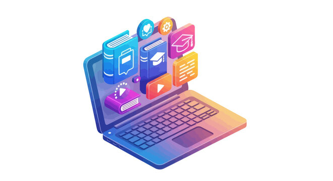 Isometric Laptop with Online Education Icons for E-Learning Concept.