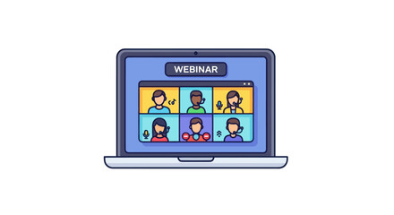 Laptop Screen Displaying a Webinar with Six Participants in a Video Conference.