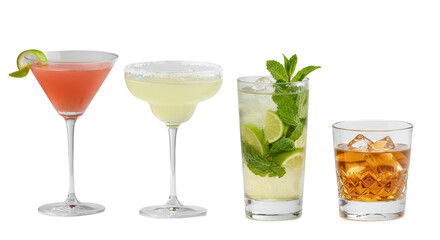 Four classic cocktails: pink Cosmopolitan, green Margarita, clear Mojito, amber Whiskey on the Rocks in pristine glassware with crystal ice on a transparent background, concept of premium beverage
