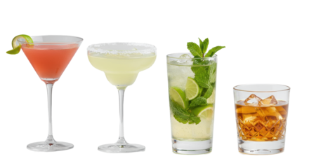 Four classic cocktails: pink Cosmopolitan, green Margarita, clear Mojito, amber Whiskey on the Rocks in pristine glassware with crystal ice on a transparent background, concept of premium beverage