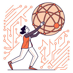 Cartoon Woman Holding a Global Network, Business Concept,  Digital Transformation Illustration