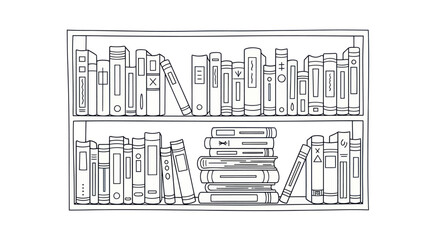 Hand-drawn illustration of a two-shelf bookshelf filled with various books. © Rizal