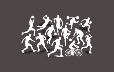 High-quality sports silhouette vector collection featuring running, cycling, football, basketball, weightlifting, fitness, gym training, and athletic exercise icons