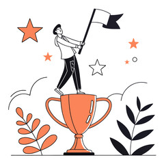 Triumph Over Challenges: Champion Standing Proudly Atop Trophy With Celebration Flag, Achievement Vector Art: Winning, Success, and Recognition