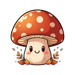 Cute Cartoon Mushroom Character with a Friendly Face, Surrounded by Autumn Leaves, Perfect for Fall Themed Designs