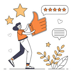 Customer satisfaction boosts brand success and loyalty through positive feedback and ratings, A satisfied customer recommends a product or service with a thumbs-up and five-star rating