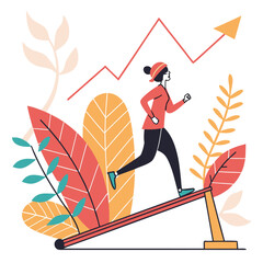 Illustration of a Woman Running on a Lever Under an Upward Graph, Conceptual Art for Success and Growth, Fitness and Business Strategy With Natural Elements