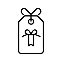 Black linear gift tag with a small bow symbol on it, representing discount, sale, or special offer. Vector icon