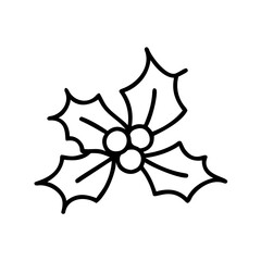 Holly icon with berries and leaf outline style. Christmas holiday, winter time celebration and decoration concept. Vector icon graphic element for design