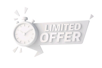 White 3d stopwatch with a speech bubble announcing a limited offer isolated on transparent background