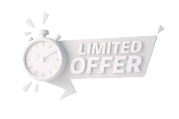 White 3d stopwatch with a speech bubble announcing a limited offer isolated on transparent background