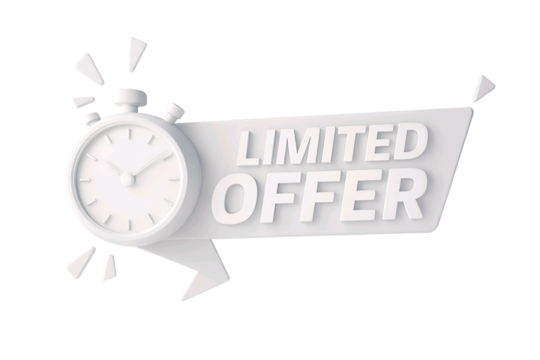 White 3d stopwatch with a speech bubble announcing a limited offer isolated on transparent background