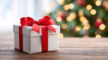 Gift box wrapped in textured white paper with a vibrant red ribbon sits on a wooden table, surrounded by a festive atmosphere of blurred holiday lights