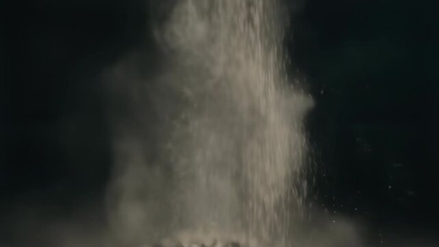 Falling ash particles and swirling dust in cinematic slow motion, dramatic mysterious atmosphere, soft focus, dark background, abstract texture, moody scene, suspense intrigue