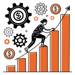 Illustration of a Woman Climbing a Bar Chart for Financial Success, Graphic Depiction of Achievement and Progress in Business
