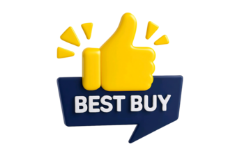 Yellow thumbs up icon with best buy text on a speech bubble isolated on transparent background