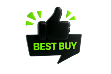 Glowing neon green thumbs up icon with best buy text isolated on transparent background
