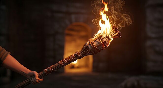 Person Holding a Burning Torch in Front of a Fireplace. - Powered by Adobe