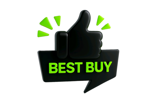 Glowing neon green thumbs up icon with best buy text isolated on transparent background