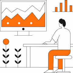 Man analyzing financial graphs on a screen in a minimal line art style, person at a desk looking at business data charts on a monitor and sitting on a chair