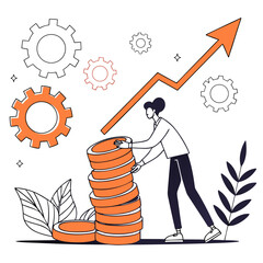 Financial Strategy Illustration: Woman with Rising Arrow and Coins, Stock Market Investment Growth Graphic with Worker and Gears for Business