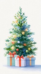 Watercolor illustration of a beautifully decorated Christmas tree with colorful ornaments and presents, creating a festive atmosphere for holiday celebrations and seasonal joy