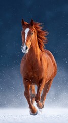 Majestic chestnut horse galloping through snow-covered landscape, mane flowing in the wind, showcasing strength and grace in a serene winter environment