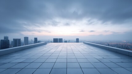 Fototapeta premium Cityscape Rooftop Perspective at Twilight: Urban Skyline View with Modern Architecture and Overcast Sky