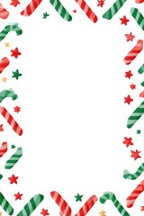 Colorful candy cane and star illustration with vibrant red and green accents, creating a festive border design perfect for holiday-themed projects and seasonal celebrations