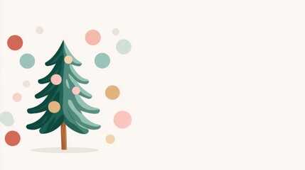 Colorful flat illustration of a Christmas tree adorned with festive ornaments surrounded by playful circles, creating a cheerful holiday atmosphere with ample copy space