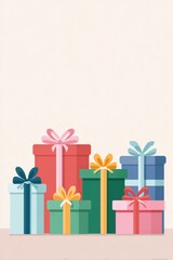 Colorful gift boxes stacked together with various ribbons and bows, creating a festive atmosphere, perfect for celebrations and special occasions with copy space