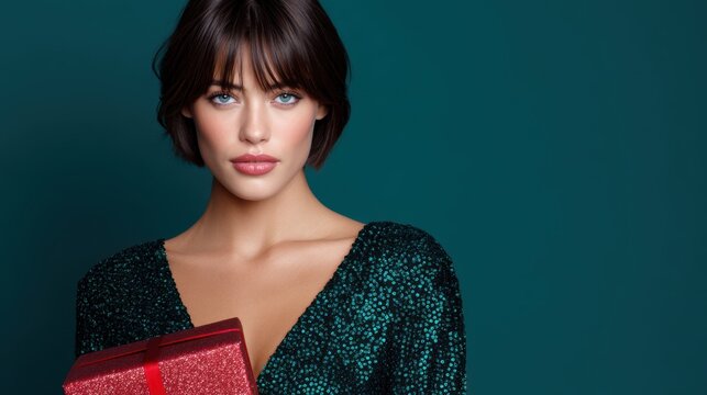 Young woman with dark hair, wearing a sparkling green dress, holding a red gift box against a teal background, embodying festive celebration and joy