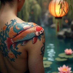 Person with Fish Tattoo Near a Pond and Paper Lantern in the Distance