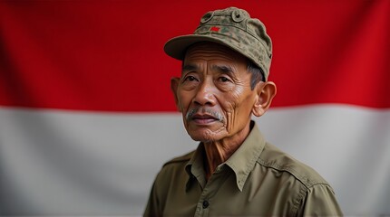 Portrait of an Older Man Wearing Cap Against Red and White Backdrop